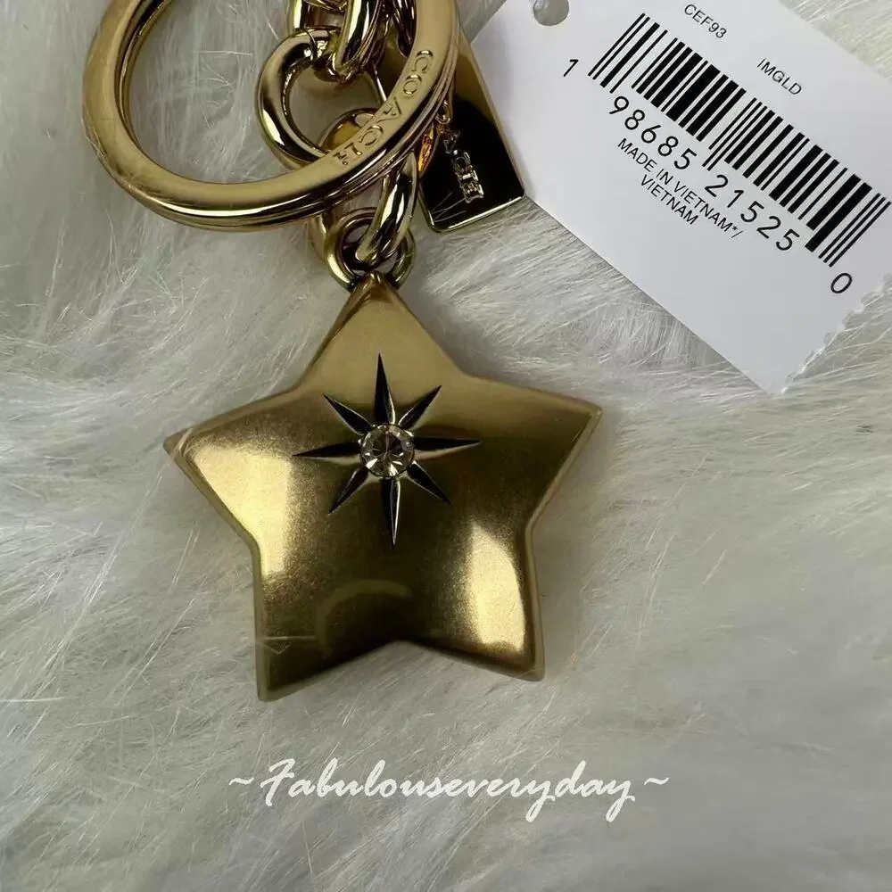 COACH Mini Star Bag Charm Key Ring FOB Gold Detachable CEF93 NWT